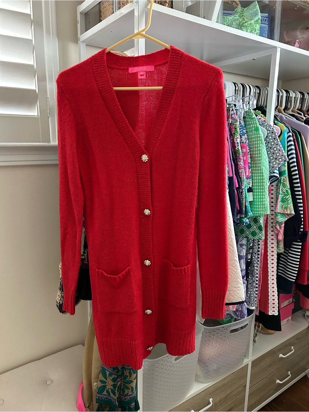 Lilly Pulitzer Red Long Knit Cardigan with Decorative Buttons